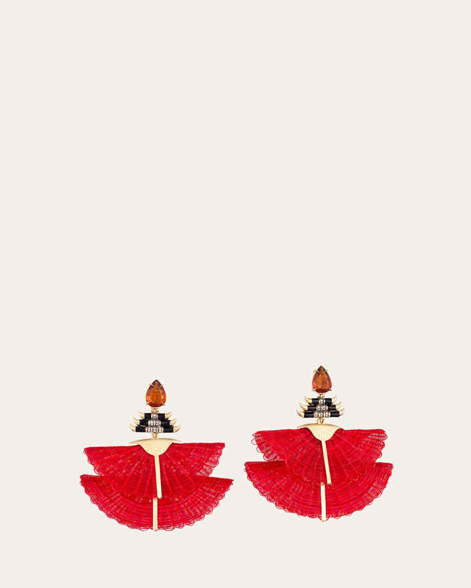 18K Yellow Gold Horse Mane Pagoda Earrings with Onyx, Diamonds and Rio Grandense Citrine